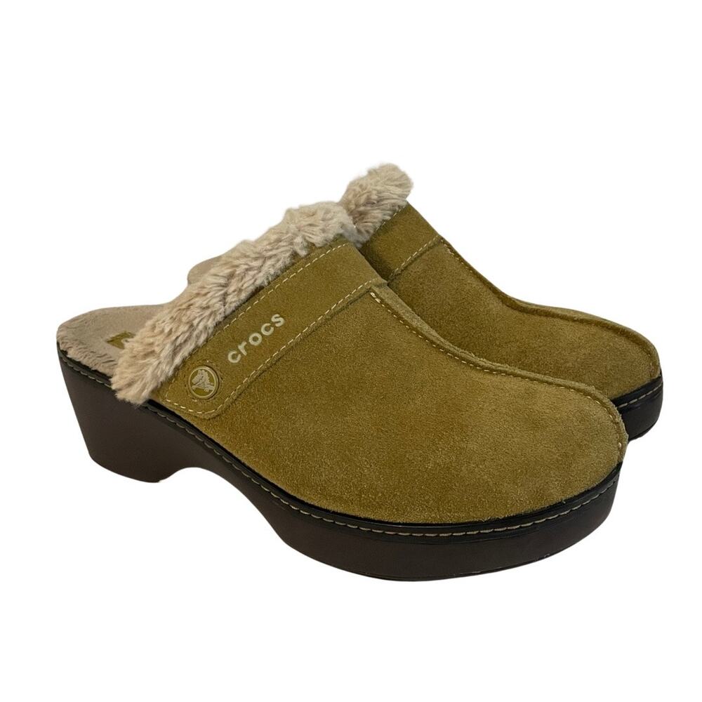 CROCS Tan Suede Mules with Faux Fur Lining